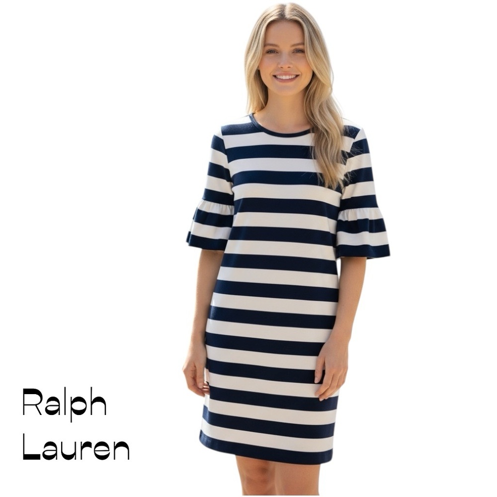 Lauren Ralph Lauren Black White Striped Short Sleeve Dress NWOT Size L